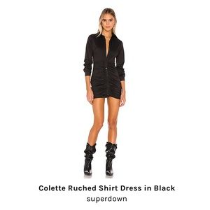 Super down ruched black shirt dress